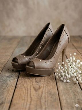 Fioni Taupe Studded Peep Toe Platform Heels - Size 7.5